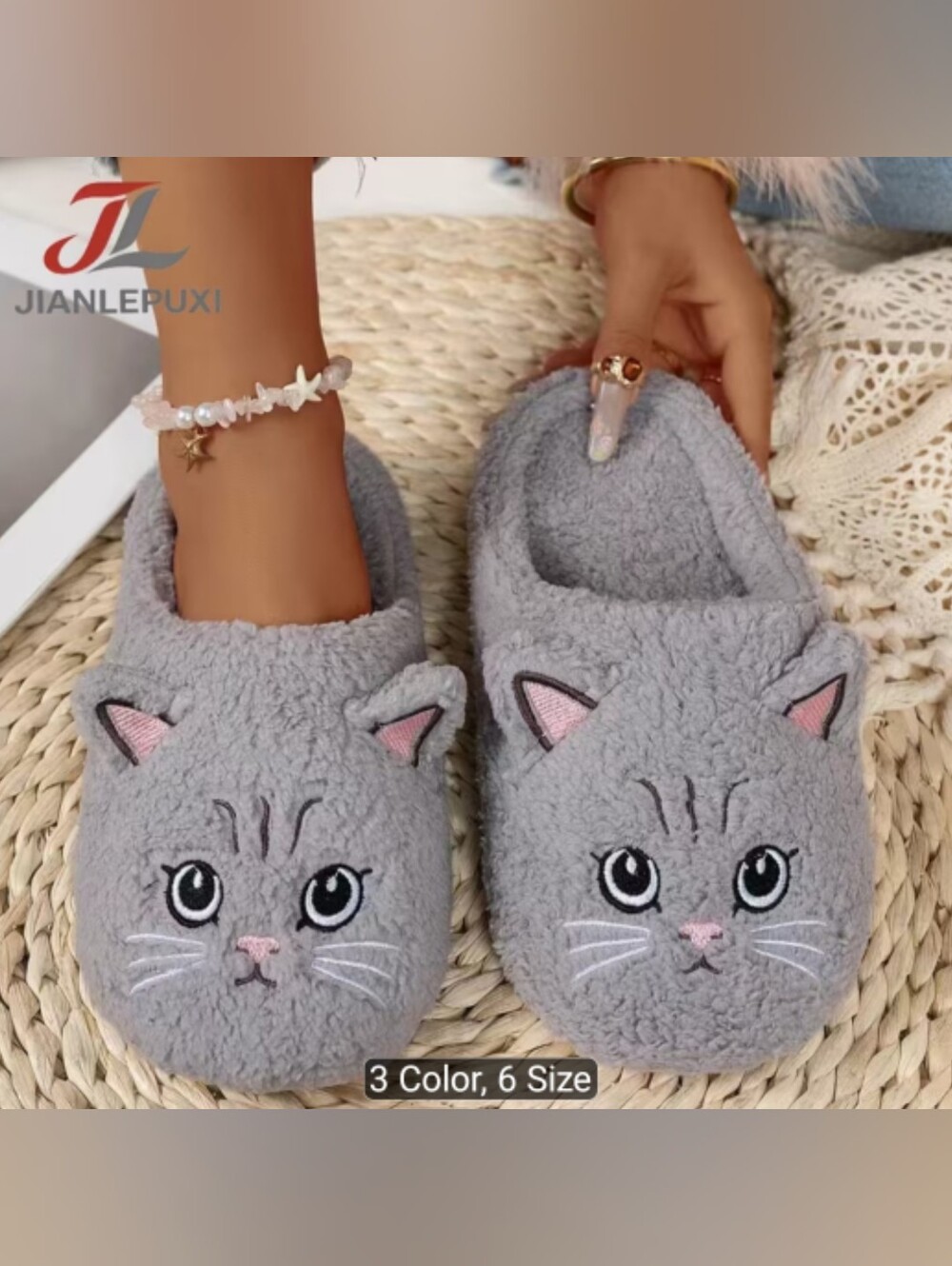 Grey Cat Plush Slippers - Cozy Indoor House Shoes